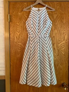 White House Black Market White Midi Dress with Black Stripes